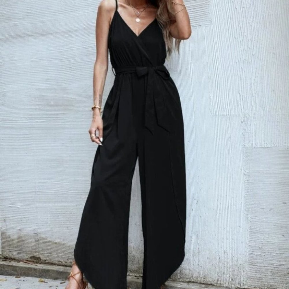 Belted Cami Split Thigh Jumpsuit Black - Picture 4 of 9